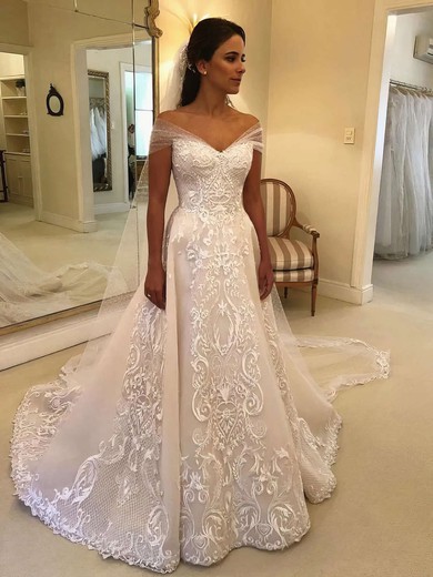 Ball Gown Off-the-shoulder Sweep Train Tulle Appliques Lace Wedding Dresses #PDS00023581