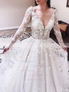 A-line V-neck Floor-length Tulle Beading Wedding Dresses #PDS00023584