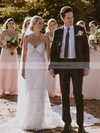 Sheath/Column Sweetheart Court Train Lace Sashes / Ribbons Wedding Dresses #PDS00023585