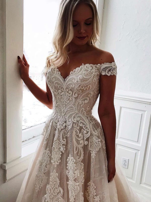 Princess Off-the-shoulder Sweep Train Tulle Lace Wedding Dresses #PDS00023586