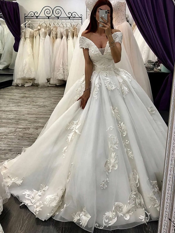 Ball Gown Off-the-shoulder Court Train Organza Appliques Lace Wedding Dresses #PDS00023587