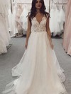 A-line V-neck Sweep Train Tulle Appliques Lace Wedding Dresses #PDS00023588