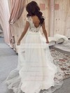 A-line V-neck Sweep Train Tulle Appliques Lace Wedding Dresses #PDS00023588