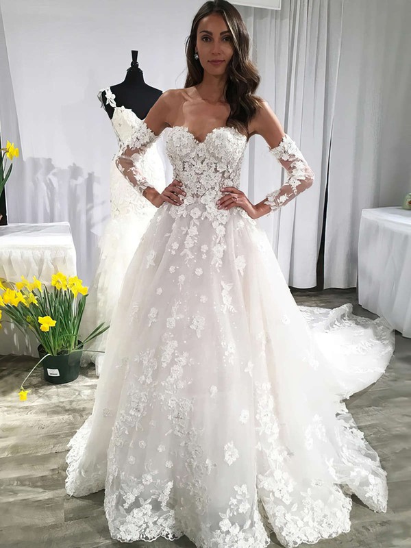 Ball Gown Off-the-shoulder Court Train Tulle Appliques Lace Wedding Dresses #PDS00023593