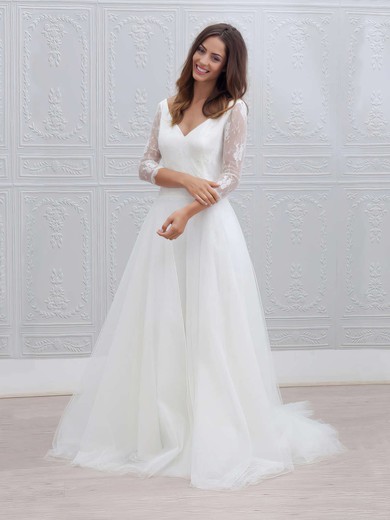 A-line V-neck Sweep Train Lace Tulle Wedding Dresses #PDS00023595
