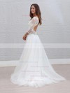 A-line V-neck Sweep Train Lace Tulle Wedding Dresses #PDS00023595