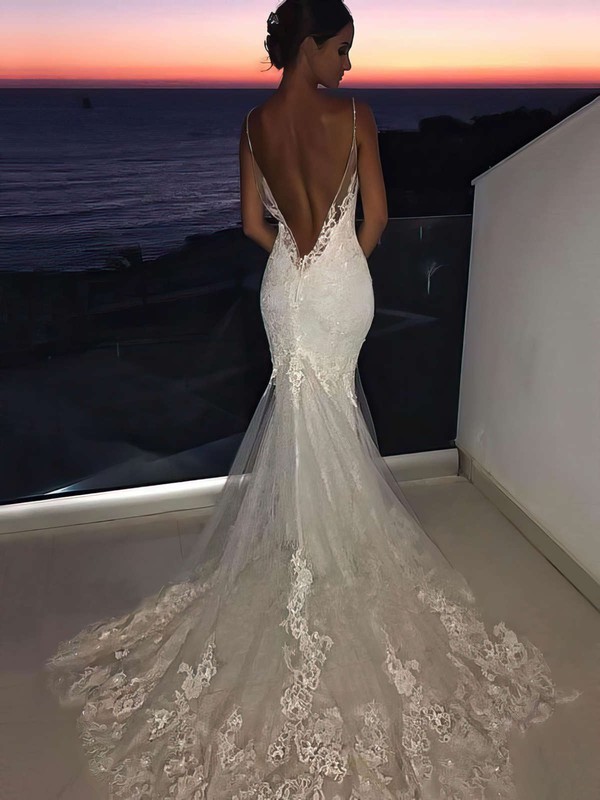 Trumpet/Mermaid V-neck Sweep Train Tulle Appliques Lace Wedding Dresses #PDS00023596