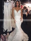 Trumpet/Mermaid V-neck Sweep Train Tulle Appliques Lace Wedding Dresses #PDS00023596
