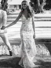 Trumpet/Mermaid V-neck Sweep Train Tulle Appliques Lace Wedding Dresses #PDS00023601