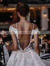 A-line Scoop Neck Sweep Train Tulle Beading Wedding Dresses #PDS00023602