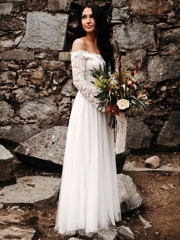 A-line Off-the-shoulder Floor-length Lace Chiffon Wedding Dresses #PDS00023603