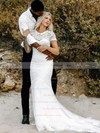 Sheath/Column Scoop Neck Sweep Train Lace Tulle Appliques Lace Wedding Dresses #PDS00023605