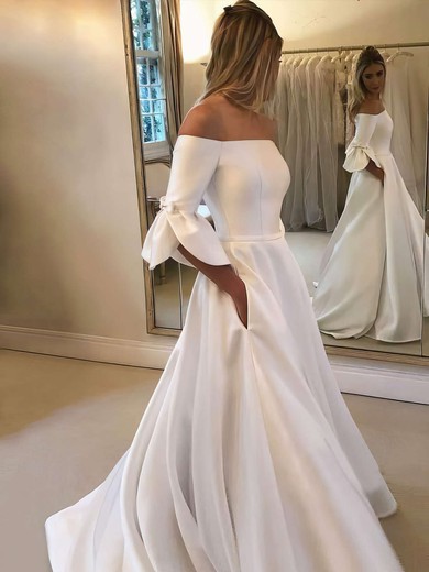 Ball Gown Off-the-shoulder Sweep Train Satin Bow Wedding Dresses #PDS00023609