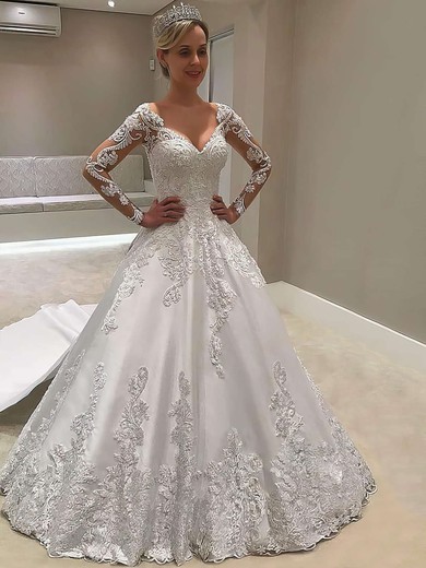 Ball Gown V-neck Detachable Satin Appliques Lace Wedding Dresses #PDS00023618