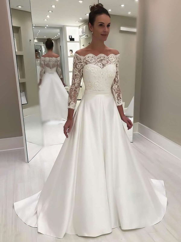 A-line Off-the-shoulder Sweep Train Satin Appliques Lace Wedding Dresses #PDS00023620