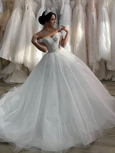 Ball Gown Off-the-shoulder Chapel Train Tulle Pearl Detailing Wedding Dresses #PDS00023625