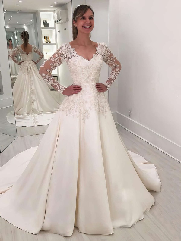 Ball Gown V-neck Sweep Train Satin Appliques Lace Wedding Dresses #PDS00023626