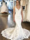 Trumpet/Mermaid V-neck Court Train Satin Appliques Lace Wedding Dresses #PDS00023630