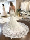 Trumpet/Mermaid V-neck Court Train Satin Appliques Lace Wedding Dresses #PDS00023630