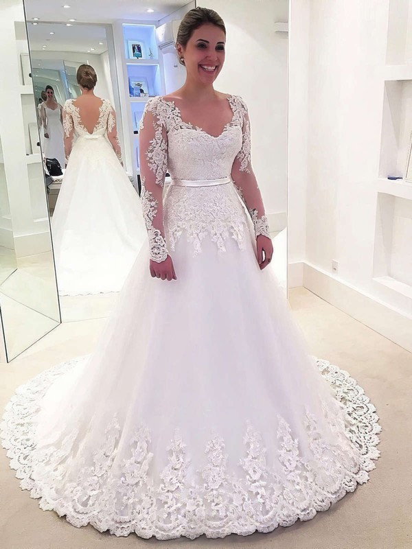 Ball Gown V-neck Sweep Train Tulle Appliques Lace Wedding Dresses #PDS00023632