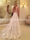 Princess V-neck Sweep Train Lace Sashes / Ribbons Wedding Dresses #PDS00023633
