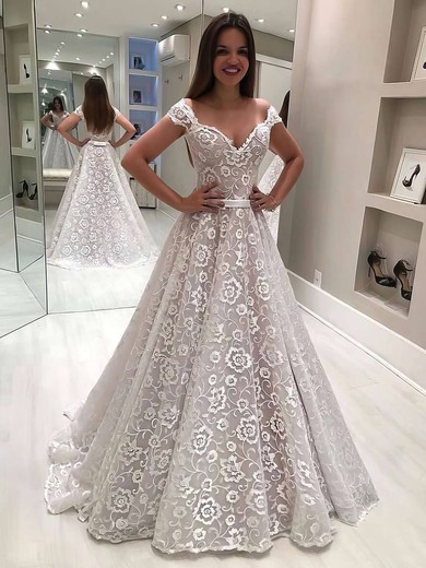 Princess Off-the-shoulder Floor-length Lace Sashes / Ribbons Wedding Dresses #PDS00023636