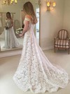 A-line Off-the-shoulder Sweep Train Lace Buttons Wedding Dresses #PDS00023637