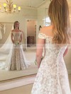 A-line Off-the-shoulder Sweep Train Lace Buttons Wedding Dresses #PDS00023637
