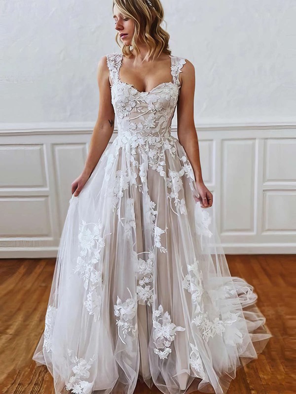 A-line Sweetheart Sweep Train Tulle Appliques Lace Wedding Dresses #PDS00023638