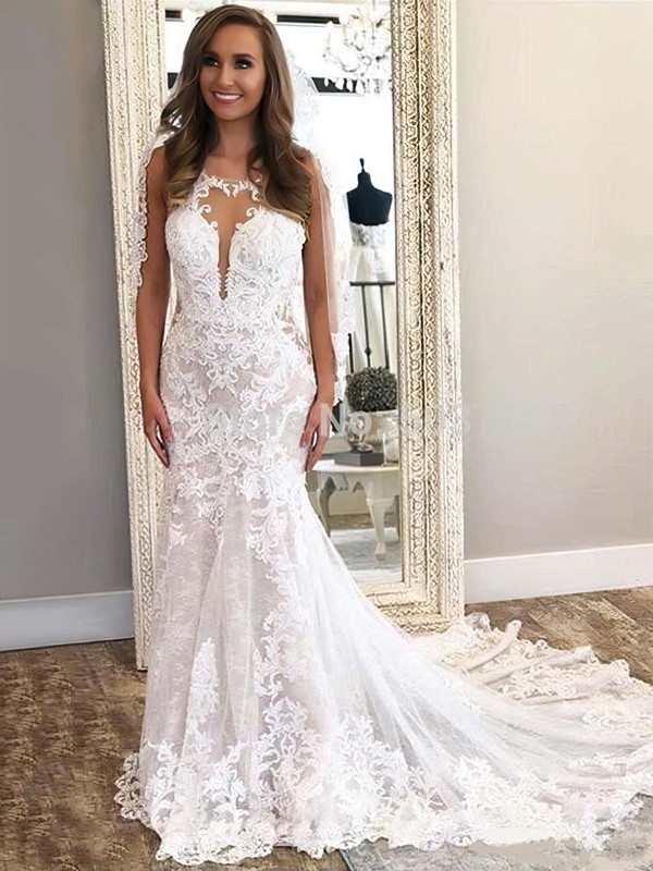 Trumpet/Mermaid Scoop Neck Sweep Train Tulle Appliques Lace Wedding Dresses #PDS00023646