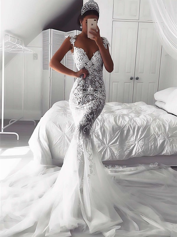 Trumpet/Mermaid V-neck Court Train Tulle Appliques Lace Wedding Dresses #PDS00023647