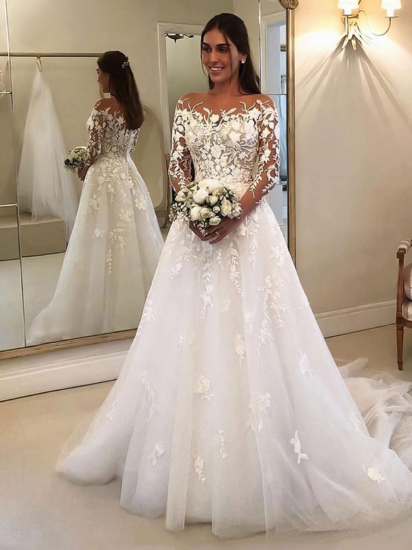 Princess Scoop Neck Sweep Train Tulle Appliques Lace Wedding Dresses #PDS00023650