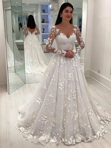 Princess V-neck Sweep Train Tulle Appliques Lace Wedding Dresses #PDS00023651