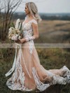 Trumpet/Mermaid V-neck Sweep Train Tulle Appliques Lace Wedding Dresses #PDS00023652