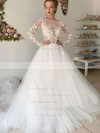 Ball Gown Scoop Neck Chapel Train Tulle Appliques Lace Wedding Dresses #PDS00023653