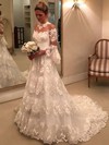 Princess Scoop Neck Sweep Train Tulle Appliques Lace Wedding Dresses #PDS00023654