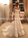 Princess Scoop Neck Sweep Train Tulle Appliques Lace Wedding Dresses #PDS00023654