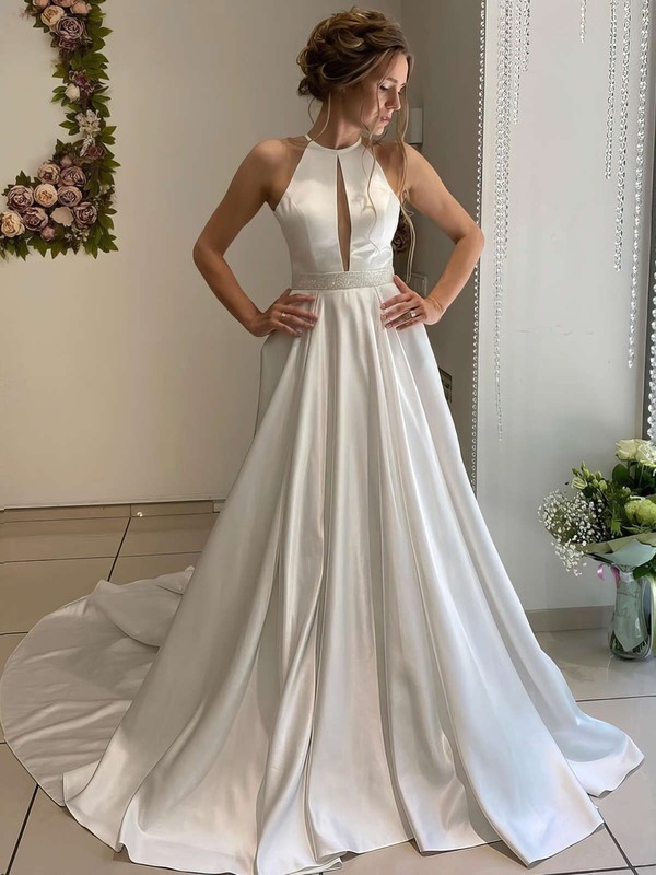 Ball Gown Scoop Neck Sweep Train Satin Beading Wedding Dresses #PDS00023655
