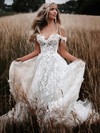 Princess Off-the-shoulder Sweep Train Tulle Appliques Lace Wedding Dresses #PDS00023656