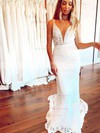Trumpet/Mermaid V-neck Sweep Train Lace Appliques Lace Wedding Dresses #PDS00023658