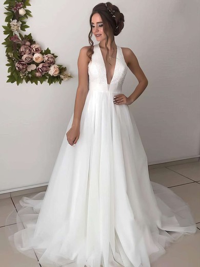 A-line V-neck Sweep Train Tulle Beading Wedding Dresses #PDS00023664