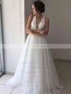 A-line V-neck Sweep Train Tulle Beading Wedding Dresses #PDS00023664