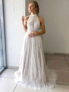 A-line High Neck Sweep Train Lace Tulle Appliques Lace Wedding Dresses #PDS00023665