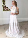 A-line High Neck Sweep Train Lace Tulle Appliques Lace Wedding Dresses #PDS00023665