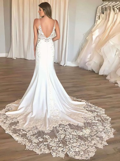 Trumpet/Mermaid V-neck Court Train Satin Tulle Appliques Lace Wedding Dresses #PDS00023666