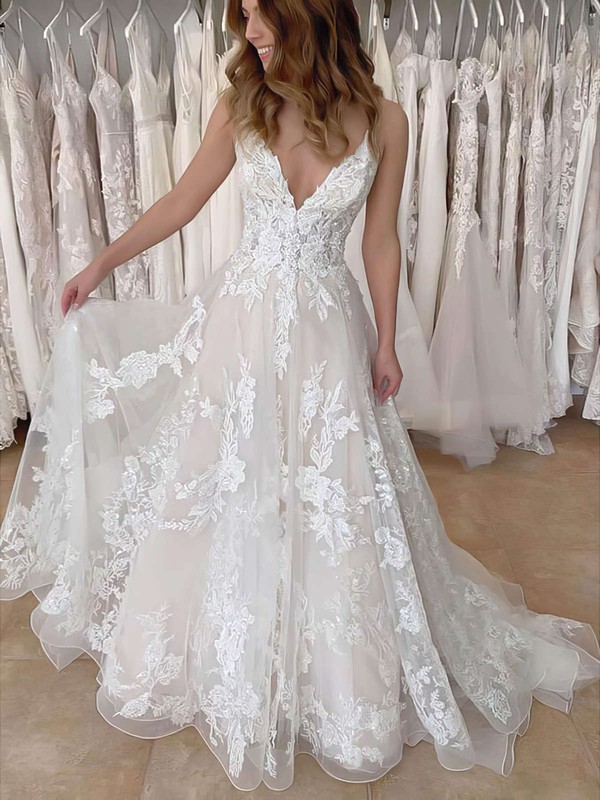 Princess V-neck Sweep Train Tulle Appliques Lace Wedding Dresses #PDS00023671