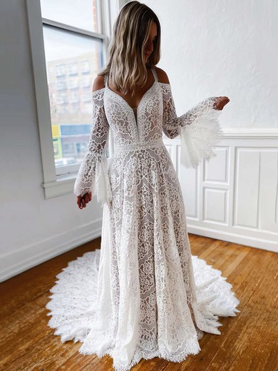 A-line V-neck Sweep Train Lace Wedding Dresses #PDS00023674