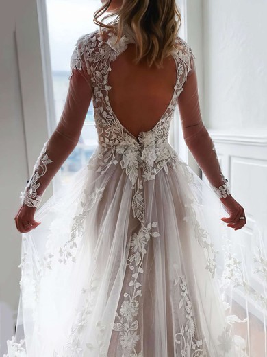 A-line V-neck Sweep Train Tulle Appliques Lace Wedding Dresses #PDS00023675