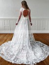 A-line V-neck Sweep Train Tulle Appliques Lace Wedding Dresses #PDS00023675