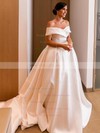 Ball Gown Off-the-shoulder Court Train Satin Pockets Wedding Dresses #PDS00023676